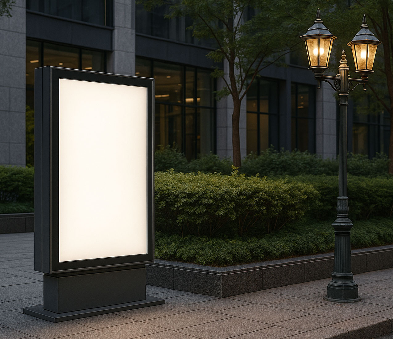 廣告燈箱與庭園造型路燈